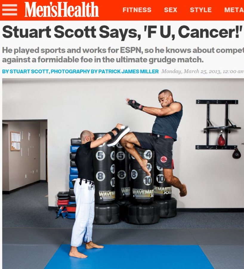jksports's tweet photo. 10 years ago today, we lost ESPN's Stuart Scott. This remains my favorite Stuart photo &amp; headline (via @MensHealthMag). His MMA training amidst the chemo was valiant. Thinking of @TaeAndSyd, who are such an inspiring part of his enduring legacy. https://t.co/e9C1y5fIM1