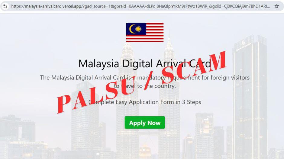#ماليزيا 
إدارة الهجرة تنصح المسافرون بتوخي الحذر من المواقع الإلكترونية المزيفة لبطاقة الوصول الرقمية الماليزية (MDAC) لتجنب الاحتيال وحماية المعلومات الشخصية.
حيث لا يوجد دفع رسوم على البطاقة فهي مجاناً واي موقع يطلب رسوم فهم موقع وهمي
مثل هذا الموقع 
malaysia-arrivalcard.vercel.app/?gad_source=1&