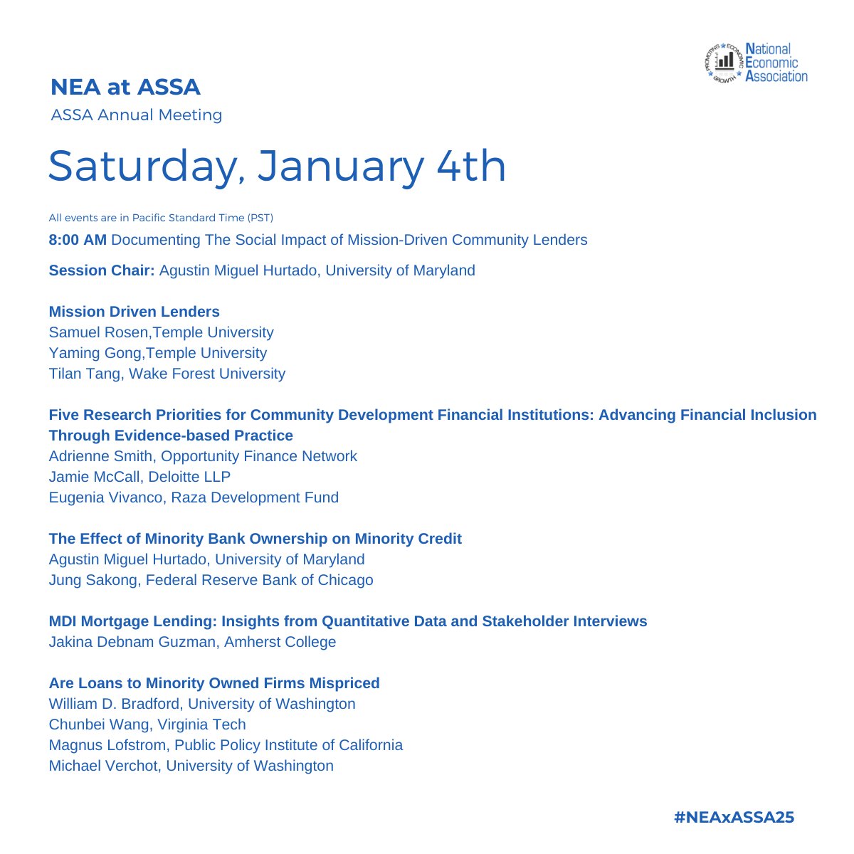 Day 2 is underway! We're diving into the Social Impact of Mission-Driven Community Lenders. 
This session is chaired by Agustin Miguel Hurtado, University of Maryland.
#ASSA2025 #NEAxASSA25