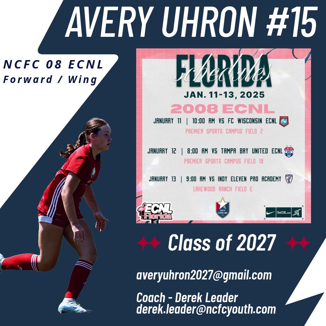 Avery Uhron (@averyuhron2027) on Twitter photo Excited to play in the first <a href="/ECNLgirls/">ECNL Girls</a> showcase of 2025! Looking forward to the coaches coming to watch me and my <a href="/08G_NCFC_ECNL/">2008/2007 NCFC ECNL Girls</a> team play!
<a href="/TopDrawerSoccer/">TopDrawerSoccer</a> <a href="/PrepSoccer/">Prep Soccer ⚽️</a> <a href="/TheSoccerWire/">SoccerWire</a> <a href="/ImYouthSoccer/">ECNL/GA/Recruiting/College Soccer</a> <a href="/ImCollegeSoccer/">College Soccer Truth ™</a> Excited to play in the first <a href="/ECNLgirls/">ECNL Girls</a> showcase of 2025! Looking forward to the coaches coming to watch me and my <a href="/08G_NCFC_ECNL/">2008/2007 NCFC ECNL Girls</a> team play!
<a href="/TopDrawerSoccer/">TopDrawerSoccer</a> <a href="/PrepSoccer/">Prep Soccer ⚽️</a> <a href="/TheSoccerWire/">SoccerWire</a> <a href="/ImYouthSoccer/">ECNL/GA/Recruiting/College Soccer</a> <a href="/ImCollegeSoccer/">College Soccer Truth ™</a>