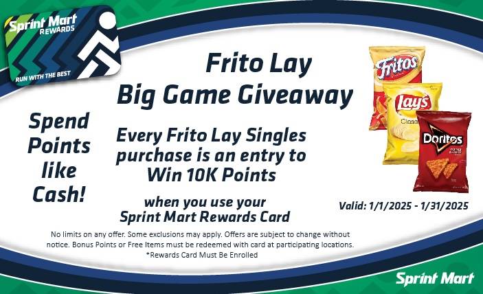 𝑭𝒓𝒊𝒕𝒐 𝑳𝒂𝒚 𝑩𝒊𝒈 𝑮𝒂𝒎𝒆 𝑮𝒊𝒗𝒆𝒂𝒘𝒂𝒚 😎 

Every Frito Lay Single purchase in January is an entry to WIN 10,000 Points!