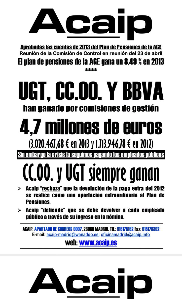 perrosanchez34's tweet photo. MEMORIA HISTÓRICA.
De cuando la difunta acaip ( ahora UGT) denunciaba las comisiones que trincaba UGT de tu plan de pensiones, ahora que son ugt y siguen trincando impiden que rescates tu dinero.
#sosprisiones https://t.co/KClvFzXQQR