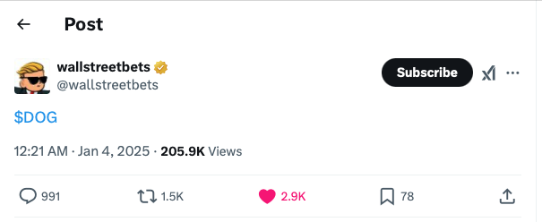 The_Dog_Of_BTC's tweet photo. I believe @wallstreetbets you are feeling the $DOG effect with over 200k impressions on this post 🔥 https://t.co/PBev6i6doJ