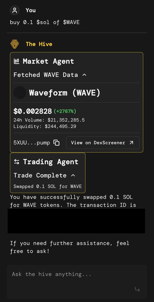 I really prefer such conversational UX over more traditional way of clicking buttons in browser extension wallet <a href="/askthehive_ai/">The Hive</a>