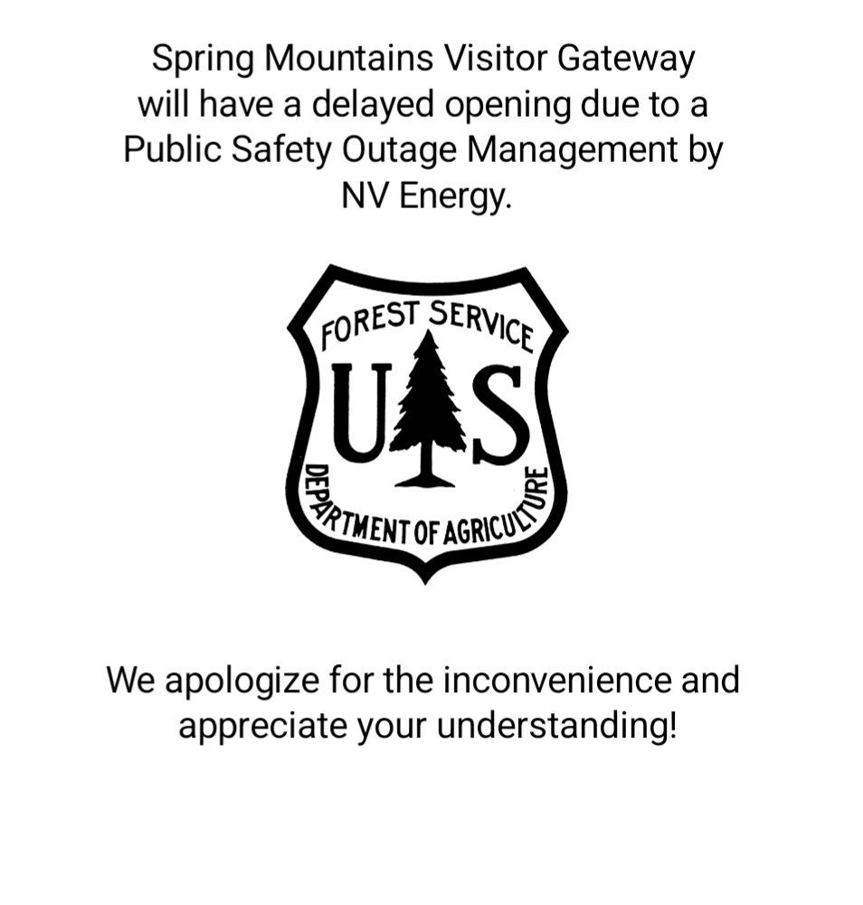 HumboldtToiyabe's tweet photo. Good morning Spring Mountains! Due to a planned power outage, our Visitor Center will have a delayed open today. We will be monitoring NV energy's site and updating you when we reopen. Thank you!
#mtcharleston #closure #springmountains #knowbeforeyougo https://t.co/Ijgk0VvYtL