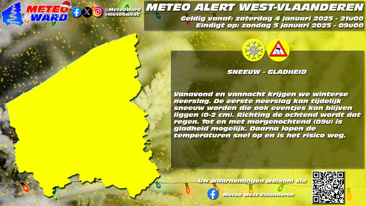 ⚠❄️ METEO ALERT WEST-VLAANDEREN: #SNEEUW - GLAHDEID
Vanavond/vannacht krijgen we winterse neerslag. De eerste neerslag kan tijdelijk sneeuw worden die ook eventjes kan blijven liggen (0-2 cm). Richting de ochtend wordt dat regen. Morgenochtend (na 08-09u) snel oplopende temp.