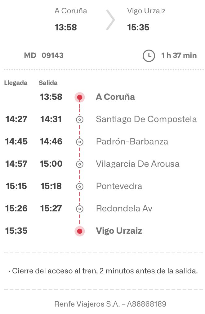Nos faltan varios trenes clave desde febrero, hablemos de la parrilla horaria y las escasas frecuencias en hora punta, va 🧵:

❌🚆MDConvencional 9072 Vigo A Coruña (6:15>>7:59), el único madrugador MD, va en doble.

❌🚆MDConvencional 9143 A Coruña Vigo (13:58 >>15:33)