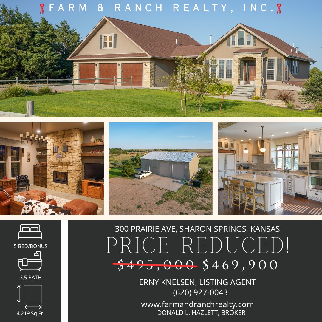 Price reduced on this home in Sharon Springs, KS! 🏠

For more information, give Erny Knelsen a call at (620) 927-0043.

Farm &amp; Ranch Realty, Inc.
Broker, Donald L. Hazlett 
📞 1-800-247-7863

#HomeForSale #KansasRealEstate #FarmAndRanchRealty #SharonSpringsKS