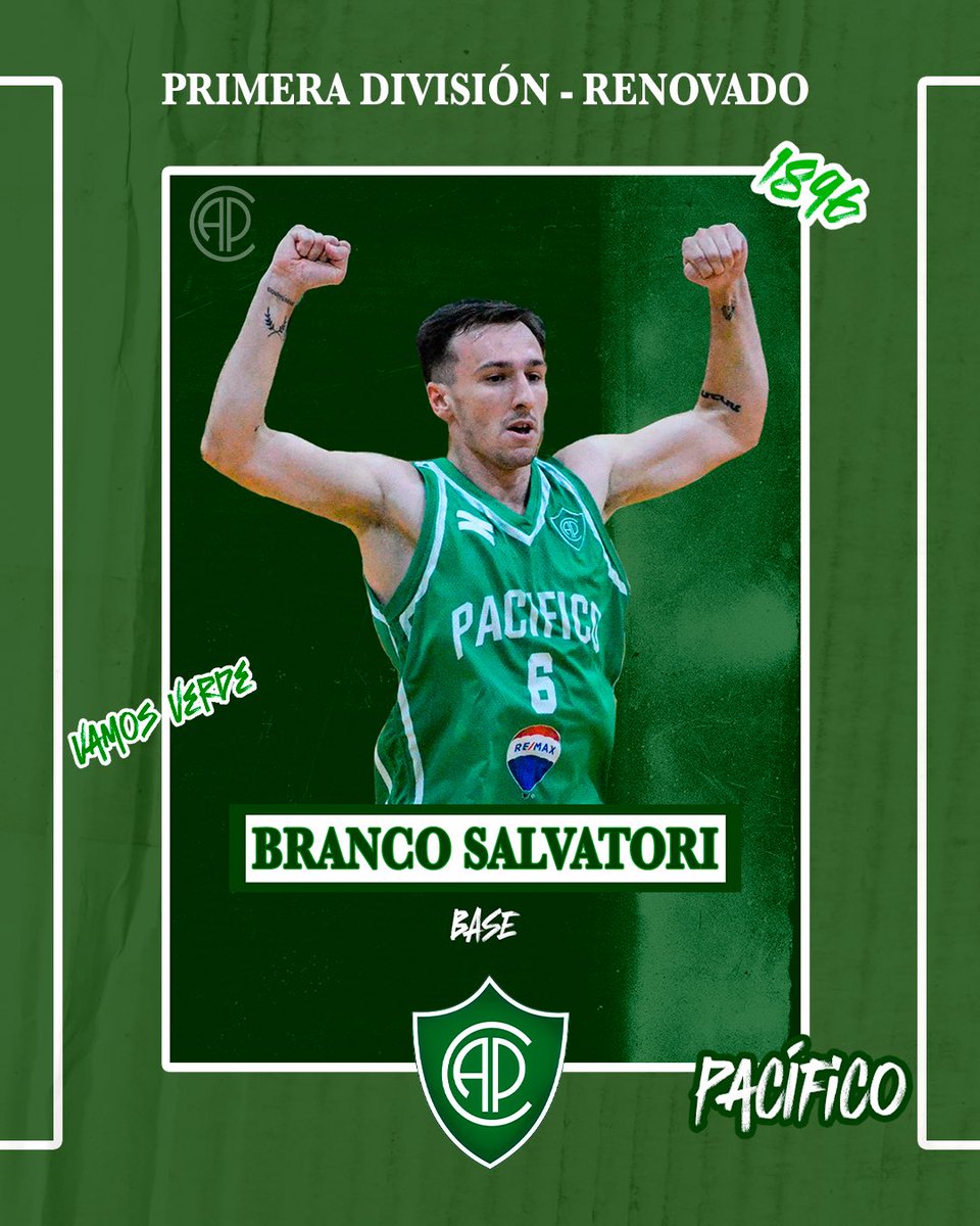 #Primera || El base continúa🏀

Branco Salvatori seguirá en el equipo para el torneo largo del 2025!

En el último torneo corto con la camiseta de Pacífico, sus números fueron:
•13,2 puntos🎯
•5,1 asistencias🤲
•4,7 rebotes💪
•17,4 valoración📈

¡Vamos con todo!

💚🤍💚