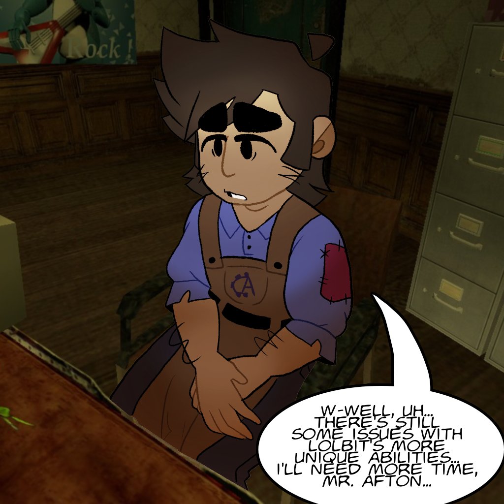 JustJustSAM's tweet image. Mr. Afton had me meet him in his office again...
(Pages 13-16)
#FNAF #fnaffanart #AftonRobotics