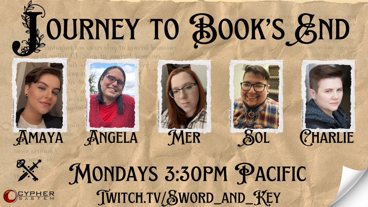 Sword & Key โ๏ธ๐๏ธ (@sword_and_key) on Twitter photo Monday at 3:30PM Pacific, Journey to Book's End returns with part 1 of their season finale. The time has come to confront the one who ripped them from their stories and meet Obsidian, Onyx's mom. GM <a href="/archmageofdice/">Mer (they/she) - Check pinned post</a> with <a href="/AmayaIsOkay/">Amaya Is Okay</a> <a href="/Phoenix24Femme/">ThePhilosoFemme</a> <a href="/villainvicencio/">Victor | Black Lives Always Matter</a> <a href="/GLCharlieG/">Charlie Keegan James</a> Monday at 3:30PM Pacific, Journey to Book's End returns with part 1 of their season finale. The time has come to confront the one who ripped them from their stories and meet Obsidian, Onyx's mom. GM <a href="/archmageofdice/">Mer (they/she) - Check pinned post</a> with <a href="/AmayaIsOkay/">Amaya Is Okay</a> <a href="/Phoenix24Femme/">ThePhilosoFemme</a> <a href="/villainvicencio/">Victor | Black Lives Always Matter</a> <a href="/GLCharlieG/">Charlie Keegan James</a>