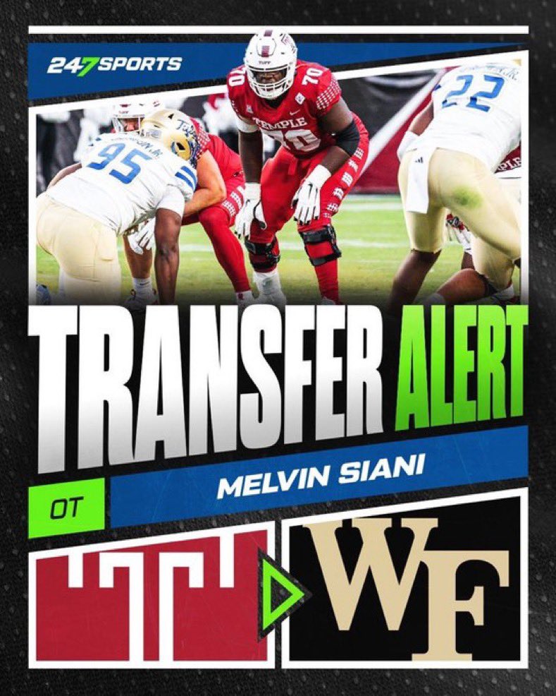 Matt Zenitz (@mzenitz) on Twitter photo Temple offensive tackle transfer Melvin Siani (<a href="/Msianifootball/">Melvin Siani</a>) has committed to Wake Forest, he tells <a href="/CBSSports/">CBS Sports</a>/<a href="/247Sports/">247Sports</a>.
The 6-6, 300-pound Siani started as a redshirt freshman at Temple this year and had the seventh-best PFF pass blocking grade this year among AAC tackles. Temple offensive tackle transfer Melvin Siani (<a href="/Msianifootball/">Melvin Siani</a>) has committed to Wake Forest, he tells <a href="/CBSSports/">CBS Sports</a>/<a href="/247Sports/">247Sports</a>.
The 6-6, 300-pound Siani started as a redshirt freshman at Temple this year and had the seventh-best PFF pass blocking grade this year among AAC tackles.