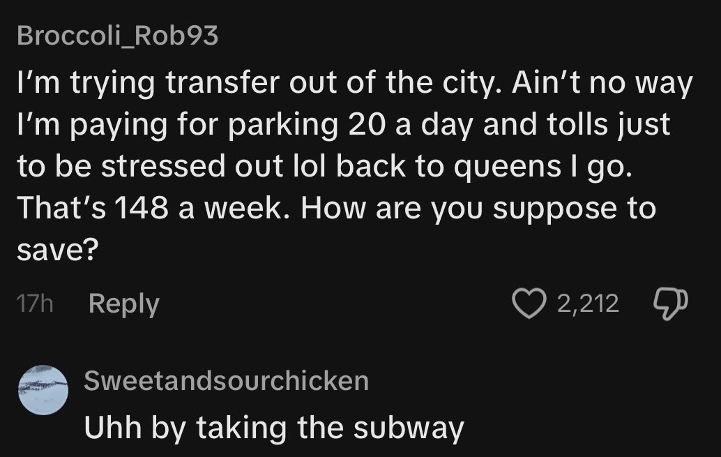 I’m absolutely loving how all these commenters are like “CONGESTION PRICING IS GOING TO MAKE IT SO EXPENSIVE TO DRIVE MY CAR INTO NYC” and the commenters just say, “Uh yes that’s the point” lmaoooo