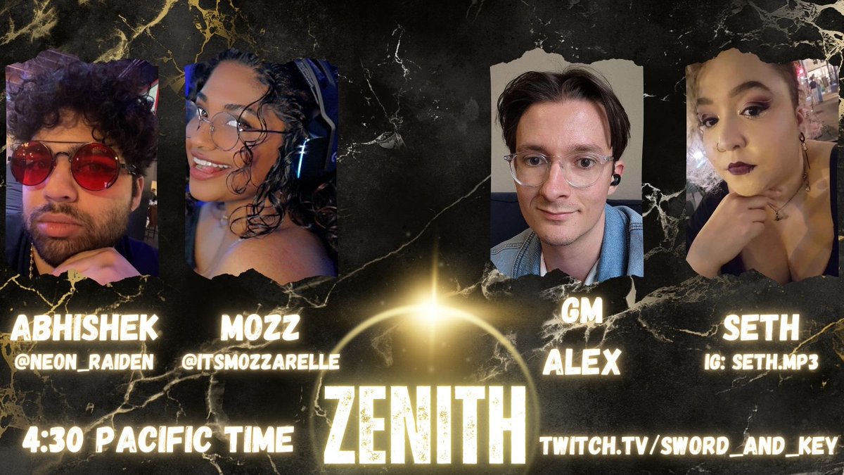 Sword & Key โ๏ธ๐๏ธ (@sword_and_key) on Twitter photo And Thursday at 4:30pm Pacific the finale of Zenith - Session 12: Fade into Eternity. The power struggles of the city have come to a head, and the party must deal with that as well as the fall out of their own actions. GM - Alex, with <a href="/neon_raiden/">Abhishek Matange</a> <a href="/itsmozzarelle/">๐ถ๐ธ๐๐</a> and IG: Seth.mp3 And Thursday at 4:30pm Pacific the finale of Zenith - Session 12: Fade into Eternity. The power struggles of the city have come to a head, and the party must deal with that as well as the fall out of their own actions. GM - Alex, with <a href="/neon_raiden/">Abhishek Matange</a> <a href="/itsmozzarelle/">๐ถ๐ธ๐๐</a> and IG: Seth.mp3