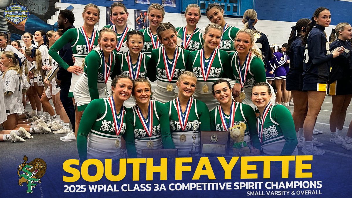 wpial7's tweet photo. 🏆 𝐋𝐈𝐎𝐍𝐒 𝐂𝐋𝐀𝐈𝐌 𝐅𝐈𝐑𝐒𝐓 𝐓𝐈𝐓𝐋𝐄 🏆

For the first time in school history, @sflionssports is the WPIAL Class 3A Competitive Spirit Overall Champion! It is also the third small varsity title for South Fayette - congrats Lions! 🌟

#WPIAL | 📣🏆 https://t.co/fisVBIPHoR