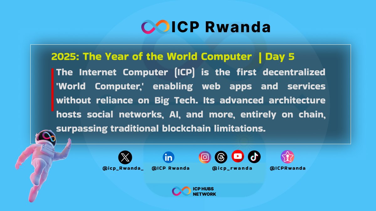🌐 𝟮𝟬𝟮𝟱: 𝗧𝗵𝗲 𝗬𝗲𝗮𝗿 𝗼𝗳 𝘁𝗵𝗲 𝗪𝗼𝗿𝗹𝗱 𝗖𝗼𝗺𝗽𝘂𝘁𝗲𝗿 | 𝗗𝗮𝘆 𝟱

𝗗𝗮𝘆 𝟱/𝟯𝟲𝟱: Did you know? The Internet Computer (ICP) is the first decentralized World Computer! 🚀

Unlike traditional blockchains, ICP hosts everything entirely on chain. from social