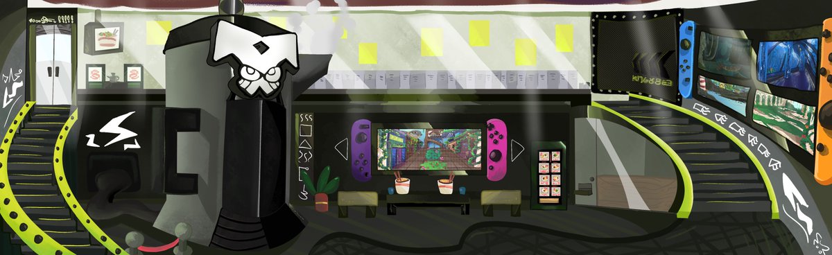 SoddenPulse's tweet photo. CRC geography team here! We broke in-err...we visited through the front door to see the inside of Oyster Tower's lobby! 

The inside of Oyster Tower comes with a bottom two story that is modern, dug out and built a few years prior. 

#splatoon #splatoonart https://t.co/uKismZCNEc