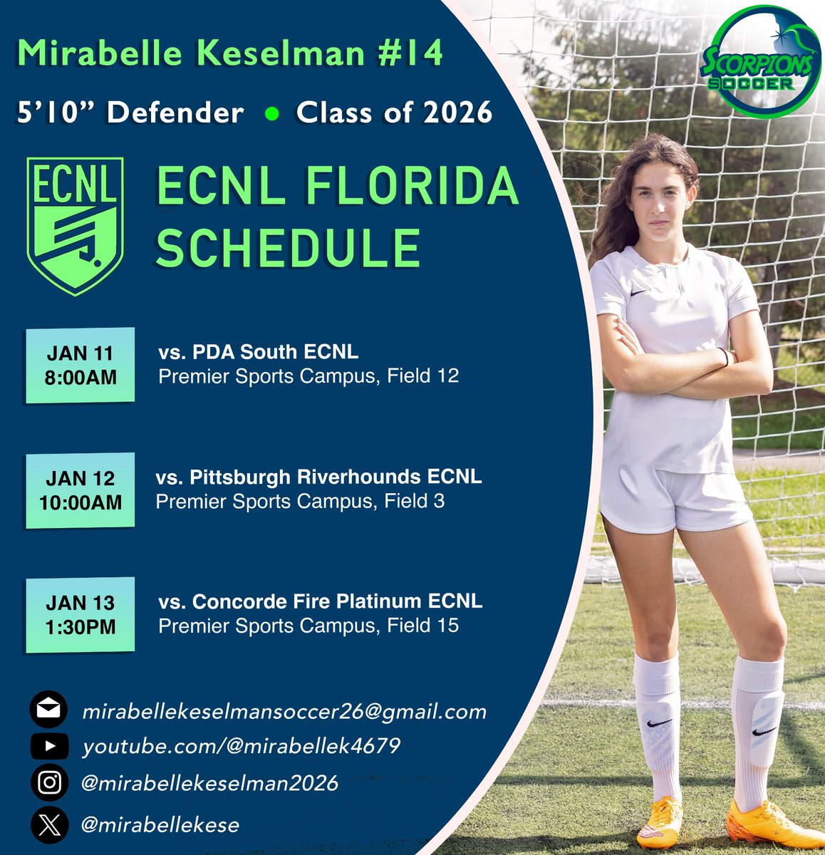 Mirabelle Keselman ⚽️ '26 (@mirabellekese) on Twitter photo Can't wait to get to #ECNLFL! Come watch our <a href="/ScorpionsSoccer/">Scorpions Soccer Club</a> #ECNL 2008 team take on the best competition in the country!
<a href="/ImYouthSoccer/">ECNL/GA/Recruiting/College Soccer</a>
<a href="/ImCollegeSoccer/">College Soccer Truth ™</a>
<a href="/TopDrawerSoccer/">TopDrawerSoccer</a>
<a href="/TheSoccerWire/">SoccerWire</a>
<a href="/PrepSoccer/">Prep Soccer ⚽️</a>
<a href="/ECNLgirls/">ECNL Girls</a> Can't wait to get to #ECNLFL! Come watch our <a href="/ScorpionsSoccer/">Scorpions Soccer Club</a> #ECNL 2008 team take on the best competition in the country!
<a href="/ImYouthSoccer/">ECNL/GA/Recruiting/College Soccer</a>
<a href="/ImCollegeSoccer/">College Soccer Truth ™</a>
<a href="/TopDrawerSoccer/">TopDrawerSoccer</a>
<a href="/TheSoccerWire/">SoccerWire</a>
<a href="/PrepSoccer/">Prep Soccer ⚽️</a>
<a href="/ECNLgirls/">ECNL Girls</a>