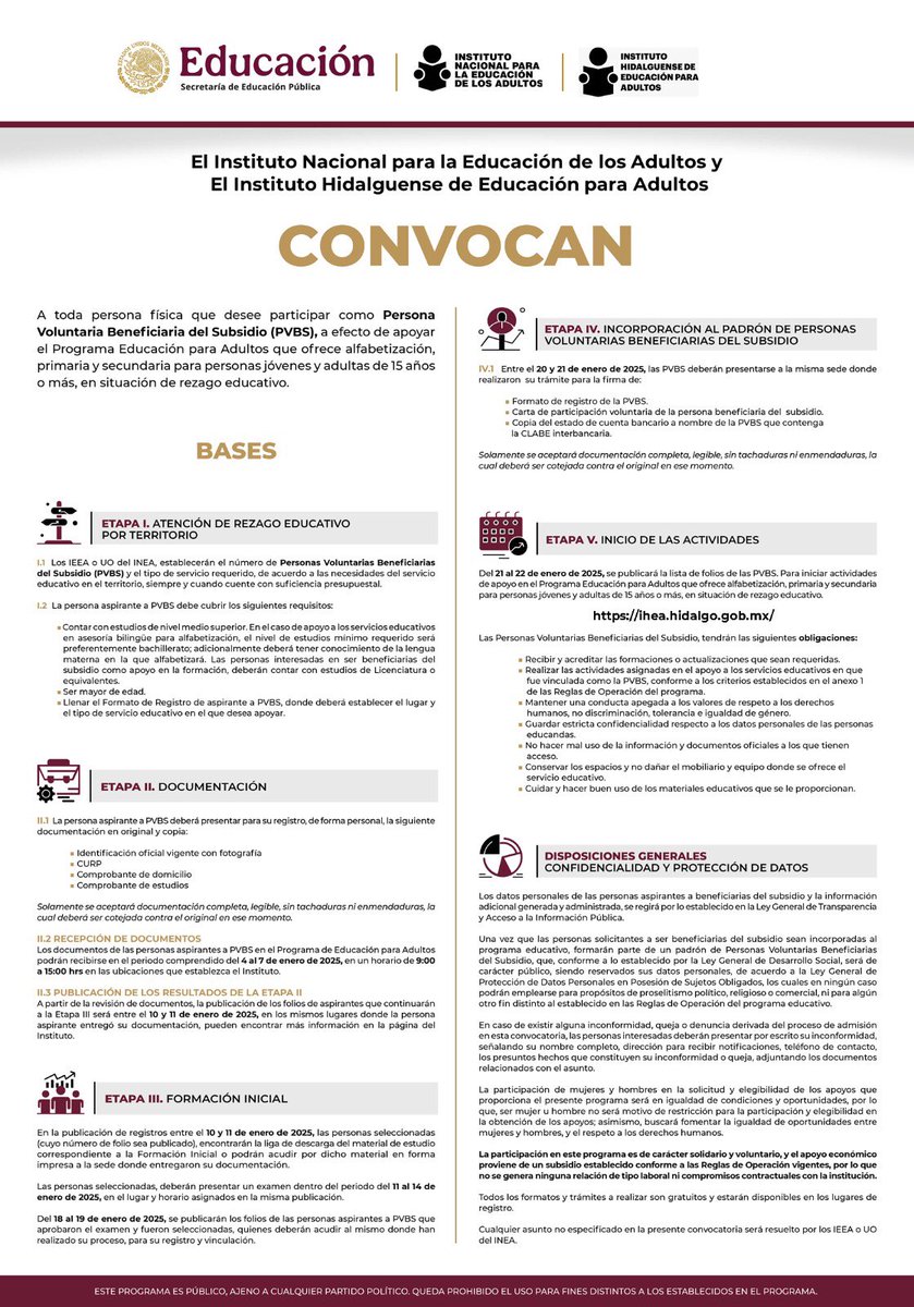 iheaoficial's tweet photo. ¡Únete al esfuerzo por la educación! Consulta bases de la convocatoria para ser Persona Voluntaria Beneficiaria del Subsidio y colabora en alfabetizar a quienes más lo necesitan. Recepción de documentos en: coordinación zona #IHEA cercana a tu domicilio del 4 al 7 de enero. https://t.co/RhXbU6cf0e