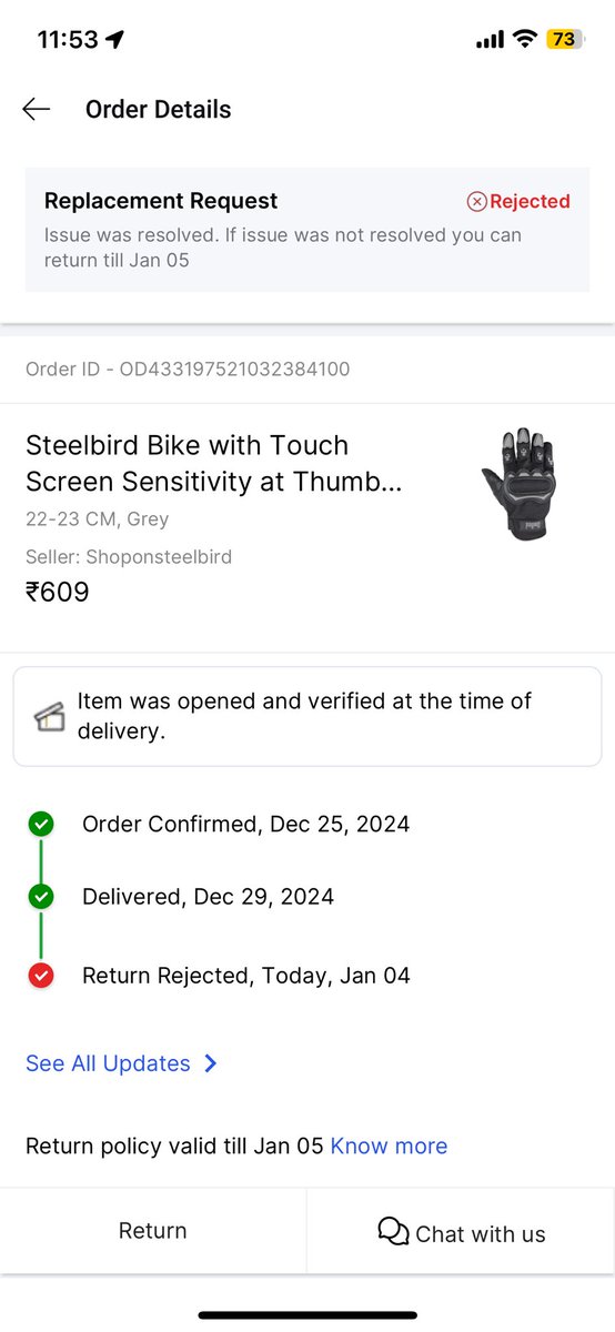 PushkarCh811's tweet photo. I ordered Steelbird hand gloves from Flipkart, but received a small size instead. When I raised a complaint for a replacement, the seller denied it, as informed by Flipkart's executive. Very disappointed with this service! #CustomerService #Flipkart #ProductIssue #steelbird https://t.co/h1wmUsiOr3