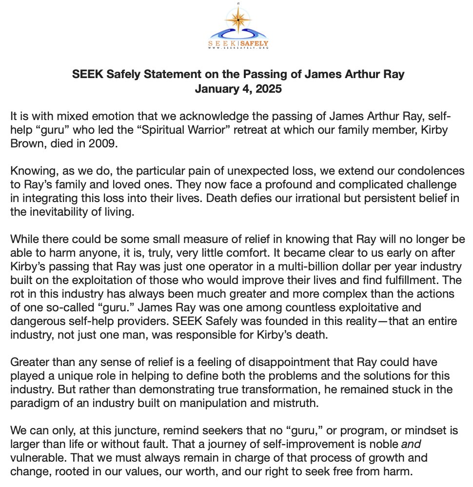 SEEKSafely's tweet photo. SEEK Safely Statement on the Passing of James Arthur Ray.
Our sincere condolences to his family and loved ones.
https://t.co/trxTYPwtra https://t.co/h1hEANCHmp