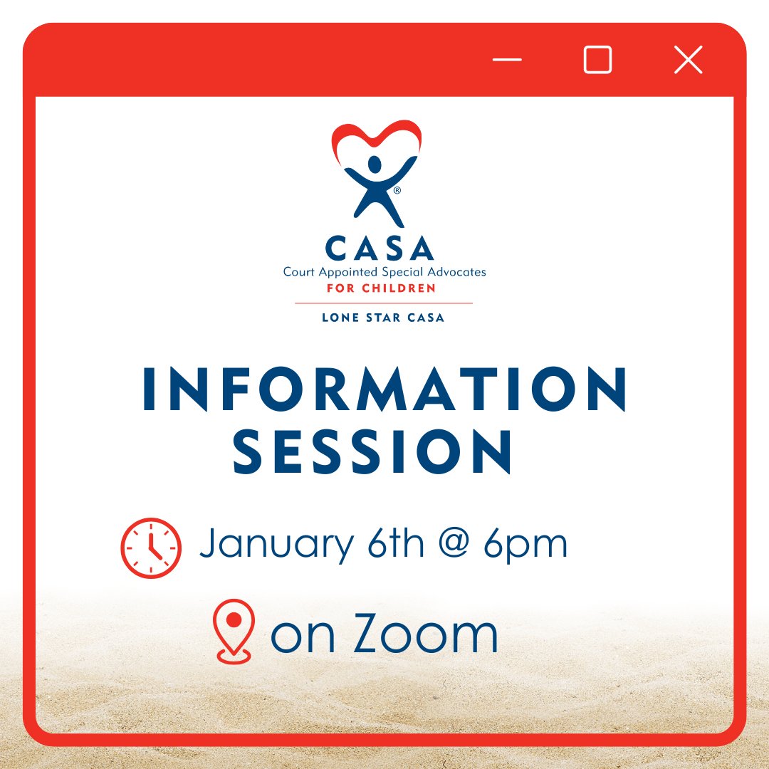 🌟 Join Us for Our Info Session on January 6th @ 6 PM! 🌟

📧 RSVP today by emailing barbara@lonestarcasa.org

 #CASA #VolunteerAdvocate #LoneStarCASA #FosterCare #MakeADifference #AdvocateForChildren