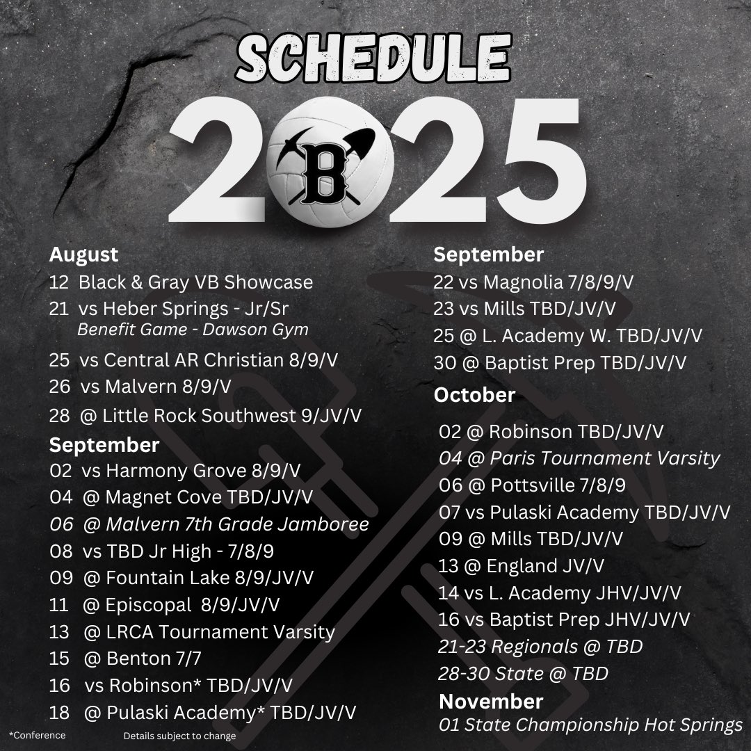 A few early planning opportunities.  

Here we go!

(subject to change/add games) 

#LadyMinerVolleyball
#Bauxite 
#ACE2