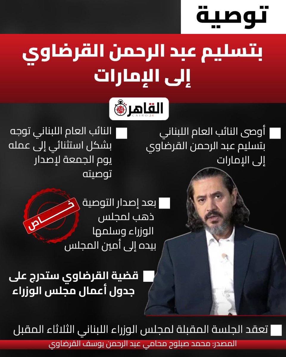 alykhafagy's tweet photo. جريمة جديدة تُرتكب بحق المعارضة المصرية، بضغط إماراتي وتواطؤ لبناني.
يجب وقف هذه المهزلة فوراً والإفراج عن الصديق المحترم عبد الرحمن يوسف.
الإمارات تمتلك تاريخاً أسود في اختطاف المعارضين، وعلى العقلاء في لبنان التحرك والضغط لوقف هذه الكارثة.

 #عبدالرحمن_يوسف_القرضاوي https://t.co/7VV3z88Xqo