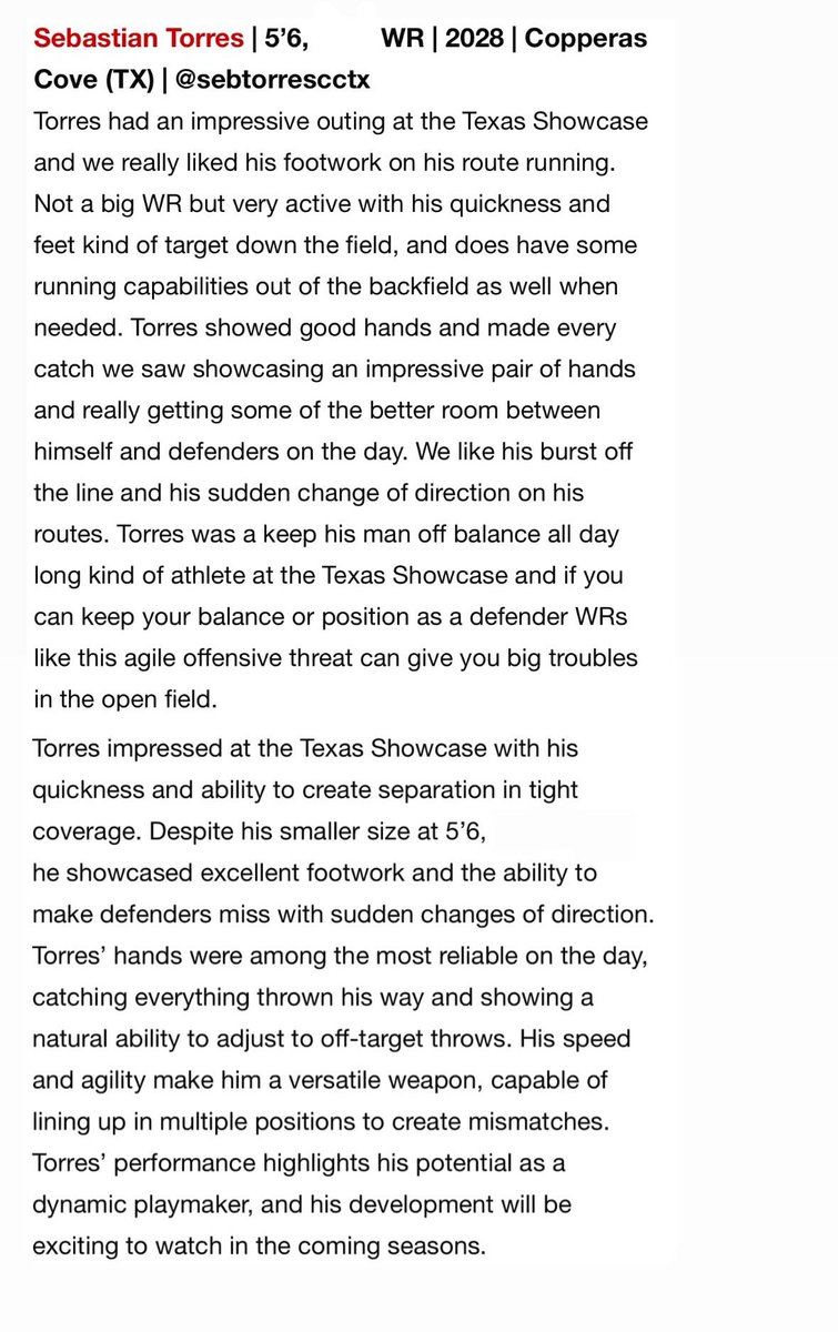 sebtorrescctx's tweet photo. Appreciate the write up! @sixstarfootball @Kickslide @runningbucks @CoachMAlexander @CoachEvans57 https://t.co/clhLwMu9g8