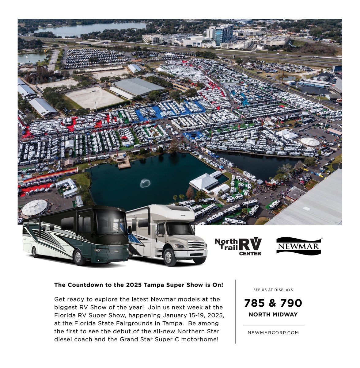 The countdown to the 2025 Tampa Super Show is on, and we’re thrilled to see you there soon!
#TampaSuperShow  #Newmar #NorthtrailRV #NewmarGrandStar #NewmarNorthernStar
