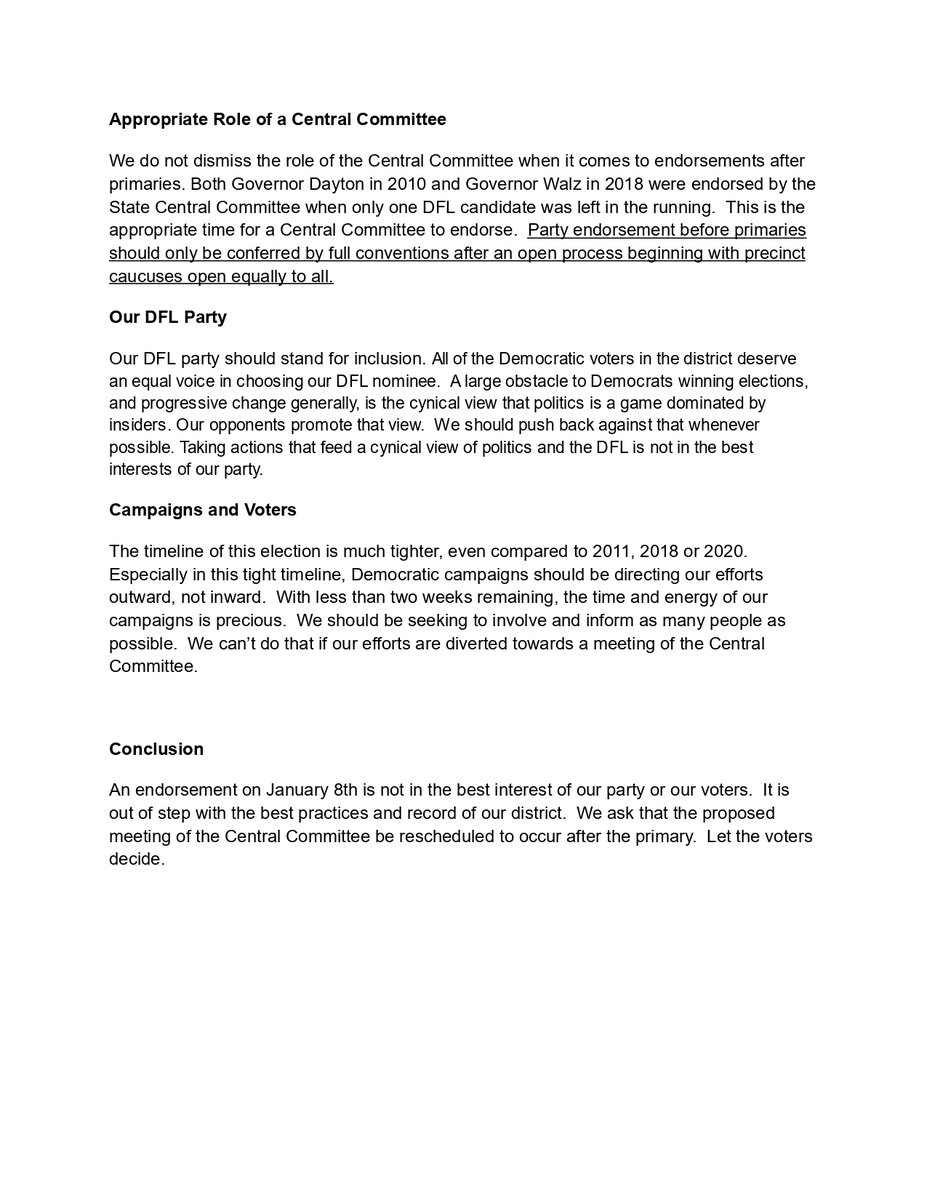 From the letter… “We ask you to remove from the agenda any endorsement for State Senate before the primary.  Endorsing on January 8th would be a drastic break from how our Senate District has dealt with three similar situations.” 2/6