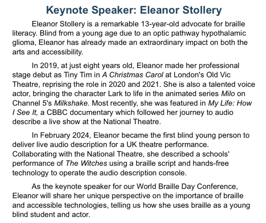 Born on 4th Jan 1809, #LouisBraille’s legacy is celebrated on #WorldBrailleDay. Today, Eleanor delivered the keynote speech <a href="/newcollworc/">NCW</a> for The <a href="/Braillists/">Braillists Foundation</a> Foundation, highlighting the vital role that #braille still plays in the modern world. #BrailleLiteracy #EleanorsVoice 🤩💜