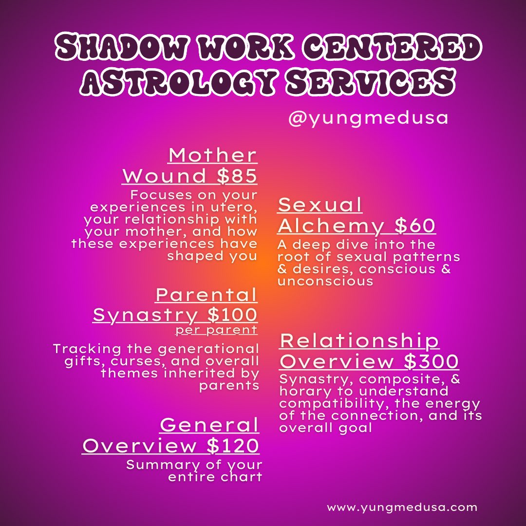 yungmedusa's tweet image. I'm HΔjar! I'm a menstrual health educator, full spectrum doula, two-headed rootworker, astrologer, Ibofanaga energy healer, and conjure artist.
here are my updated services! if you have questions about services, you can DM me or email me at readings@yungmedusa(.)com.