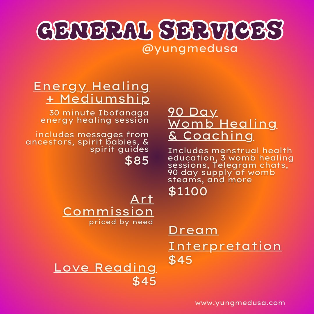 yungmedusa's tweet image. I'm HΔjar! I'm a menstrual health educator, full spectrum doula, two-headed rootworker, astrologer, Ibofanaga energy healer, and conjure artist.
here are my updated services! if you have questions about services, you can DM me or email me at readings@yungmedusa(.)com.