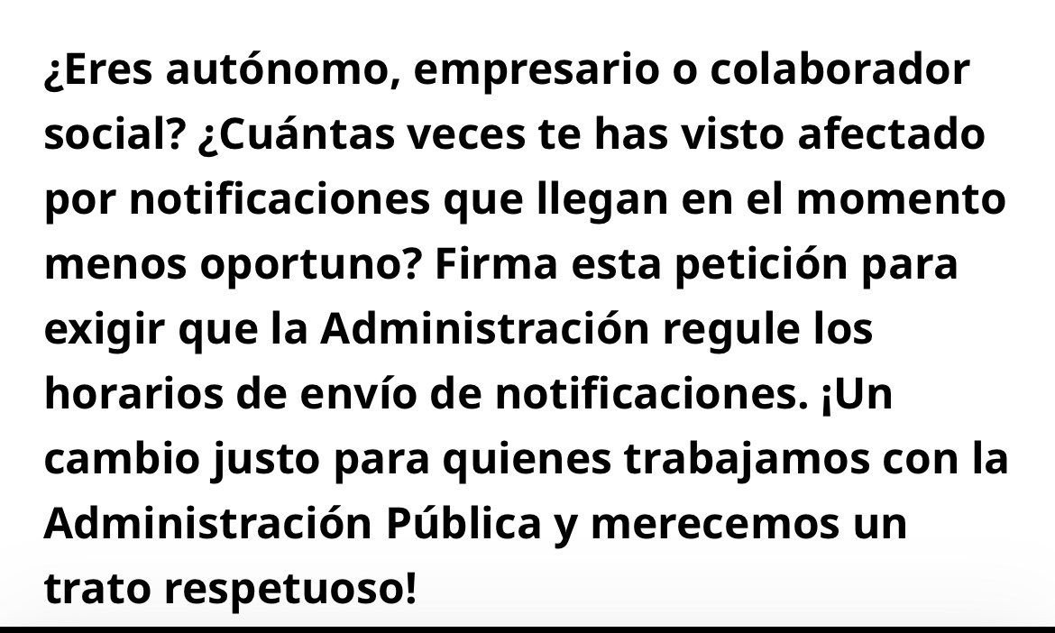 RUIZCAPILLAS (@ruizcapillasaf) on Twitter photo BASTA YA! de Notificaciones en Domingo, Festivos,  Navidades, Vacaciones momentos inoportunos.  #Autónomos afectados Firmad la iniciativa para regular los horarios de las notificaciones  
change.org/StopNotificaci… BASTA YA! de Notificaciones en Domingo, Festivos,  Navidades, Vacaciones momentos inoportunos.  #Autónomos afectados Firmad la iniciativa para regular los horarios de las notificaciones  
change.org/StopNotificaci…