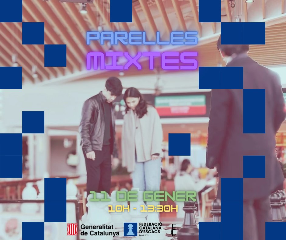 📢 Dissabte 11/01/2025, torneig de Parelles Mixtes!
📍 Espai Bota, Fabra i Coats (BCN)
🕒 10:00 a 13:30 (Confirmació a les 9:30)
👥 Parelles mixtes (amb llicència FCE).
💳 Inscripció: 10 €/parella fins al 9/01/24!

🔗 Inscriu-te ara: escacs.cat/index.php/publ…
