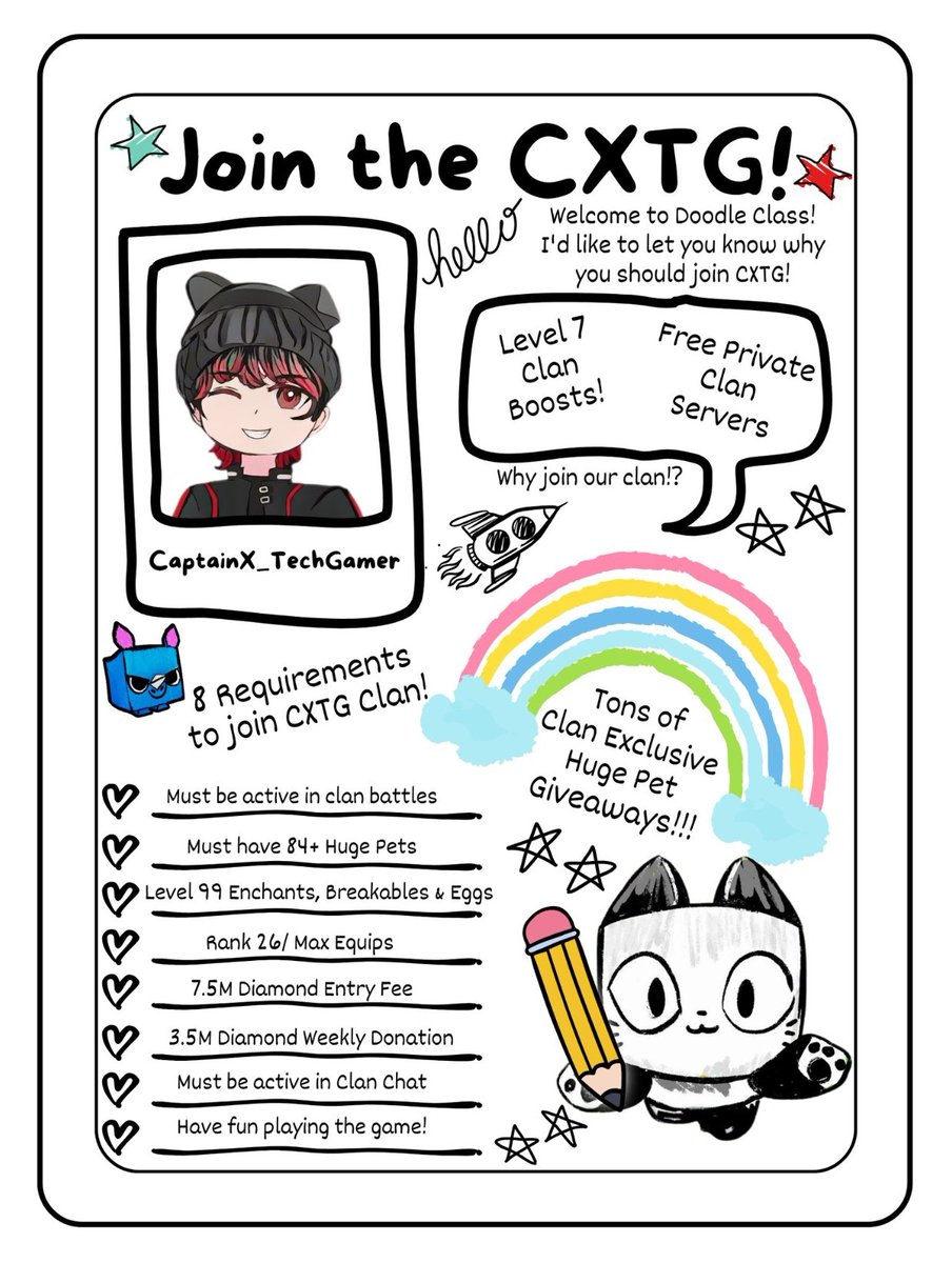 ✏️Recruiting new members to our CXTG clan ✏️

✍️Dm me or comment down below on the requirements u meet to have a chance to join our amazing community ✍️

Reposts ♻️ are really appreciated for support 😊
#PetSimulator99 #petsim99 #CXTGCLAN #Roblox