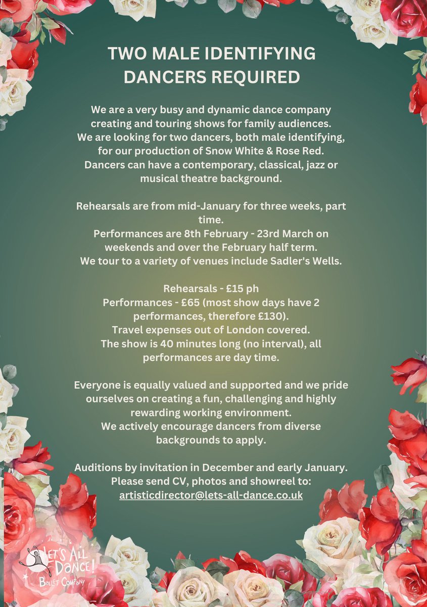 🎭 AUDITION NOTICE 🎭

📅 When: Wednesday, 8th Jan
⏰ Time: 10:30 AM - 12:00 PM
📍 Where: South London Dance Studios, Herne Hill

We're looking for talented male-identifying dancers to join us! 🌟

#AuditionCall #MaleDancers #DanceOpportunity