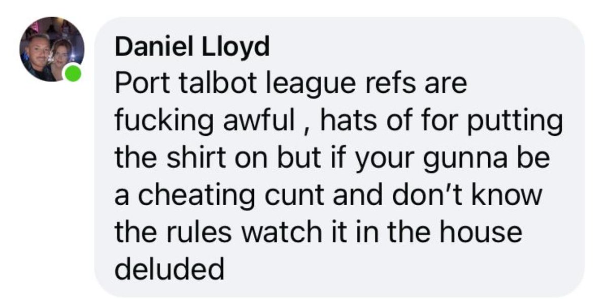 george ridgeway (@toprefgeorge) on Twitter photo Fantastic comment by a club officiaĺ in PTDL <a href="/Referee_SWFA/">Referee Officer SWFA</a> <a href="/NoelMooney13/">Noel Mooney</a> <a href="/SouthWalesFA/">South Wales FA</a>
How can we recruit new referees with comments like this.
Glad I don't officiate no more it's getting worse and nothing being done Fantastic comment by a club officiaĺ in PTDL <a href="/Referee_SWFA/">Referee Officer SWFA</a> <a href="/NoelMooney13/">Noel Mooney</a> <a href="/SouthWalesFA/">South Wales FA</a>
How can we recruit new referees with comments like this.
Glad I don't officiate no more it's getting worse and nothing being done