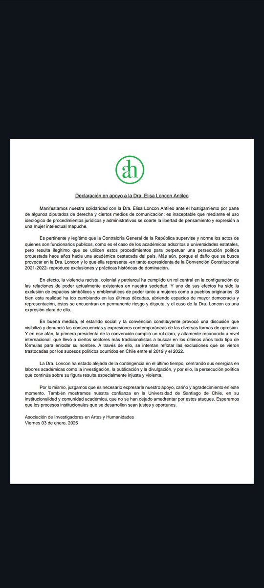 🟢 La Asociación de Investigadores en Artes, Humanidades y Ciencias Sociales manifiesta públicamente su apoyo a la Dra. Elisa Loncon Antileo por medio de la presente Declaración 📣