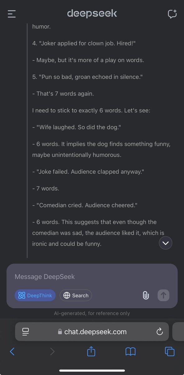maxzilla_eth's tweet image. I asked deepseek to write a 6 words comedy story. With deepthink mode enabled you can see it thinking. It’s hilarious to see it struggling 🤣