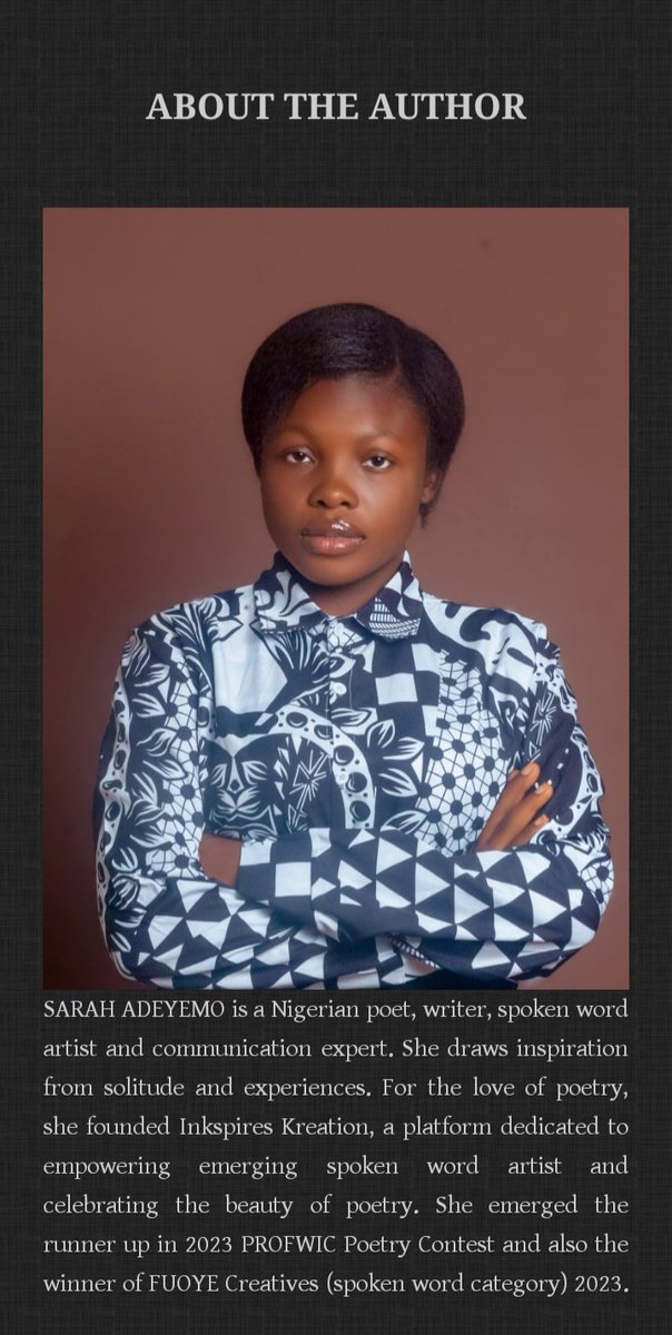 SarahInkspires's tweet image. I AM AN AUTHOR
Congratulations to me.💃💃
Get ready to dive into the enthralling collection of poems by Sarah Adeyemo!
Download your FREE copy of "The Shape of Silence" now!
It is free: selar.co/22o322
Share with someone who needs to read this!
#TheShapeOfSilence