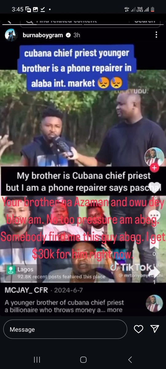 LEGITTV001's tweet photo. Finally Burna has responded after searching the internet for dirty on Cubana for over 3hours and posted a video of Cubana's brother and promised to give him $30k.

Cuban dey fight the other Cubana d cashout. Is that not witchcraft https://t.co/EMLZJUQjvd