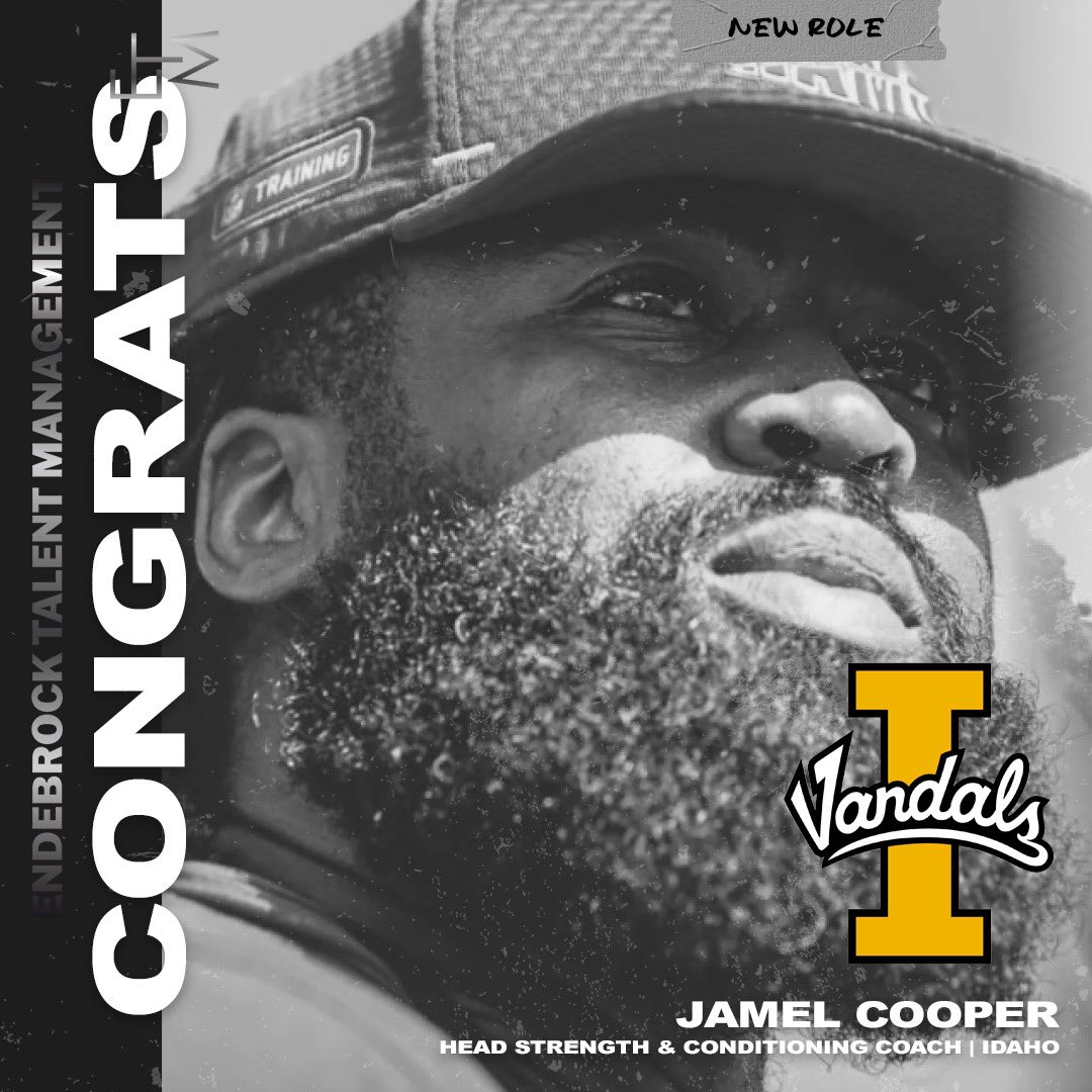 Endebrock Talent Management | ETM (@etmagency) on Twitter photo Congratulations to <a href="/CoachJCooper5/">Jamel Cooper</a> on becoming the new Head Strength & Conditioning Coach for <a href="/VandalFootball/">Idaho Football</a>!
#GoVandals Congratulations to <a href="/CoachJCooper5/">Jamel Cooper</a> on becoming the new Head Strength & Conditioning Coach for <a href="/VandalFootball/">Idaho Football</a>!
#GoVandals