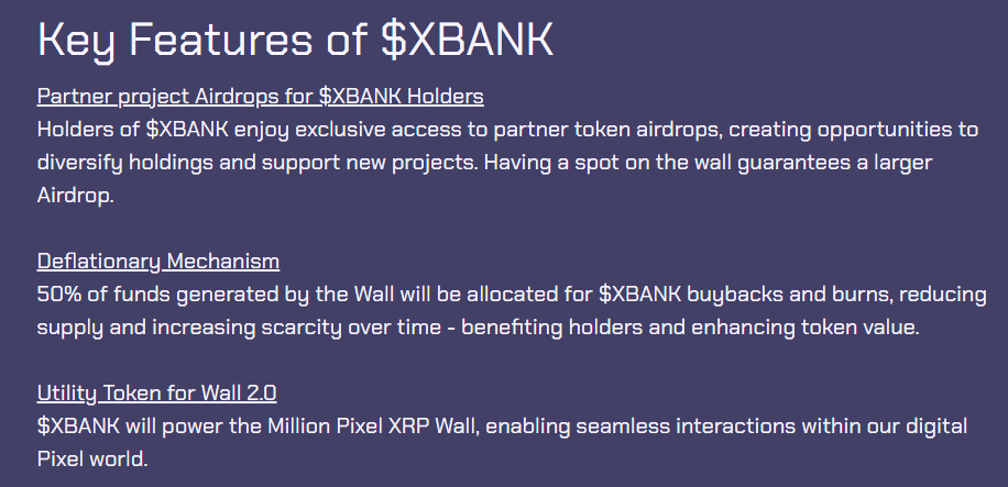 Millionpixelxrp's tweet photo. Missed it? Here are the Key Features of $XBANK:
1๏ธโฃ Partner Token Airdrops: Exclusive airdrops for $XBANK holders ๐ธ
2๏ธโฃ Deflationary: 50% of Wall funds will go to #XBANK buybacks & burns ๐ฅ
3๏ธโฃ Wall 2.0 Utility: $XBANK will powers seamless interactions on the Million Pixel #XRP Wall ๐
You know what to do!
#XRPL #XRPArmy #XRPCommunity #XRPUSDT