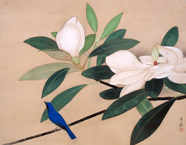 JapanTraCul's tweet image. White flowers and small bird, by Kobayashi Kokei, 1930s
