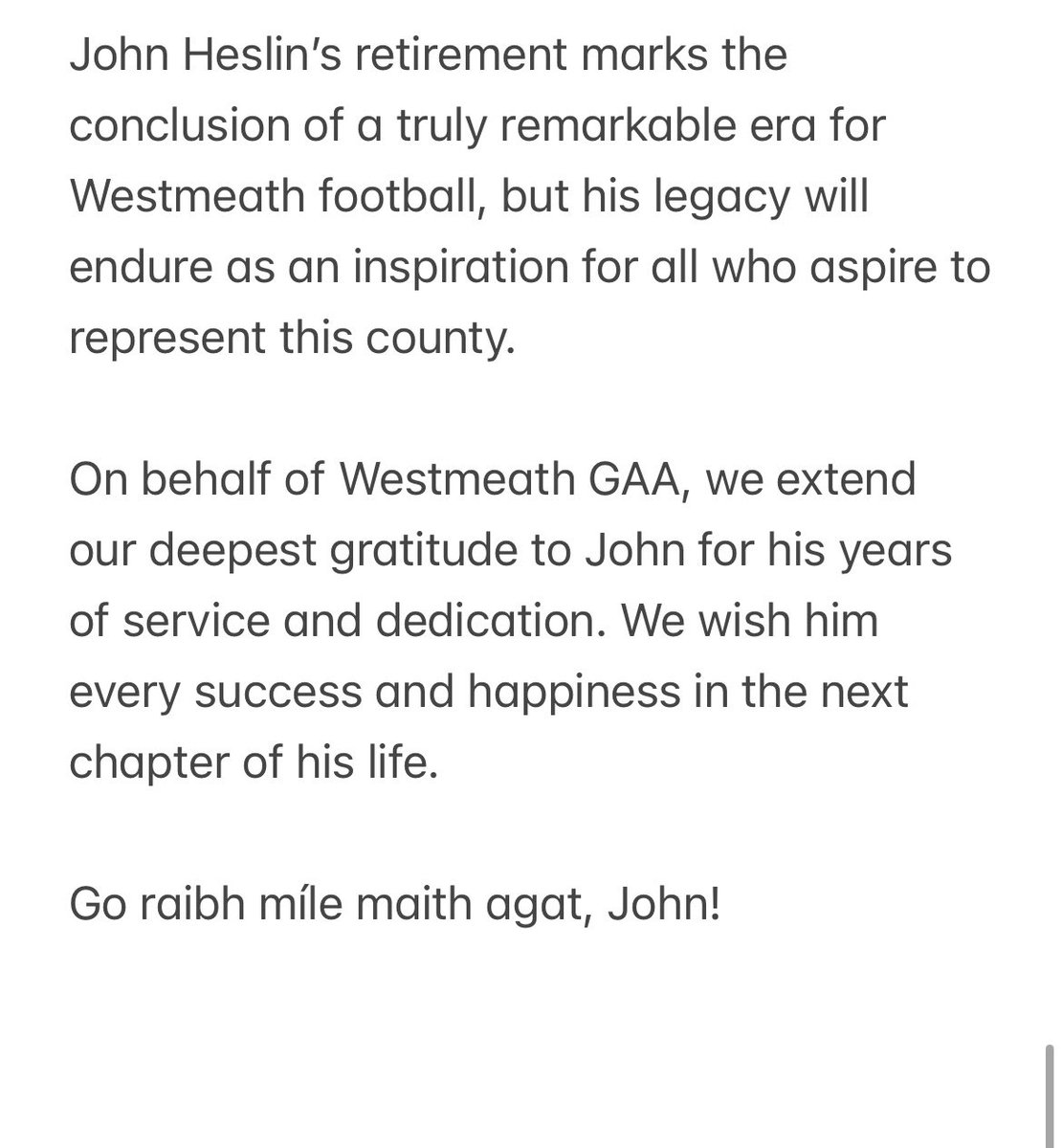 Official Statement on the Retirement of John Heslin from Westmeath GAA Senior Football Team