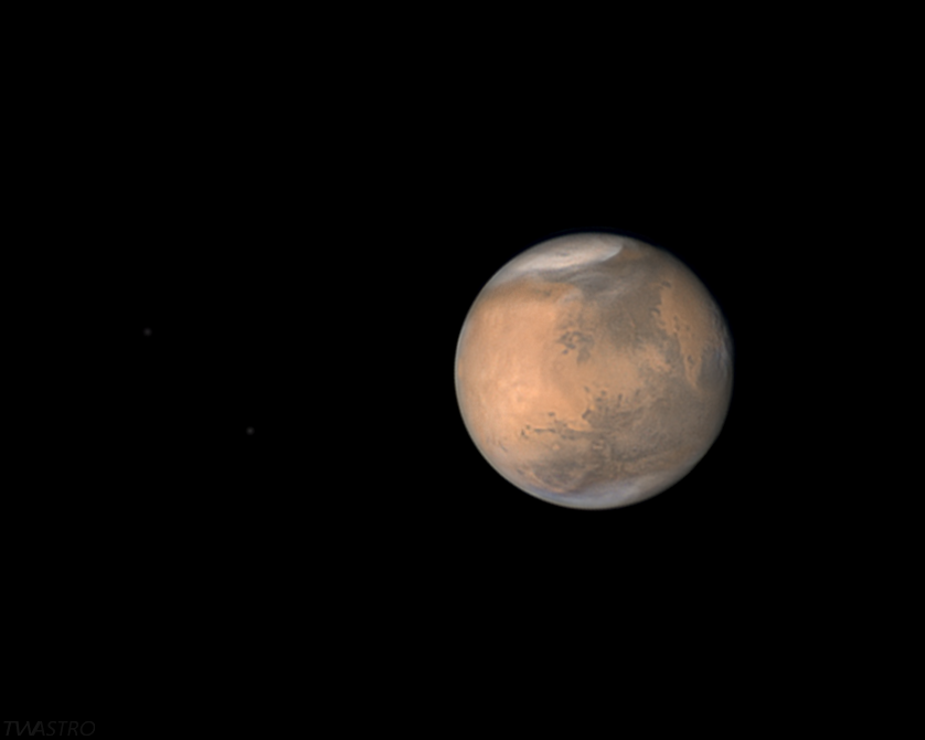 #Mars, Phobos and Deimos last night under good conditions. A great view of Valles Marineris, with high altitude clouds (and their shadows) also visible on the terminator at right.