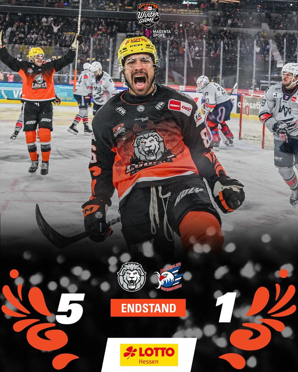 Löwen siegen im DEL WINTER GAME im Deutsche Bank Park vor heimischen Megakulisse von über 45.000 Zuschauern.

Die Torschützen im größten Derby aller Zeiten:
1:0 Daniel Wirt
2:0 Cameron Brace
3:0 Dennis Lobach
4:0 Maksim Matushkin
5:1 Linus Fröberg