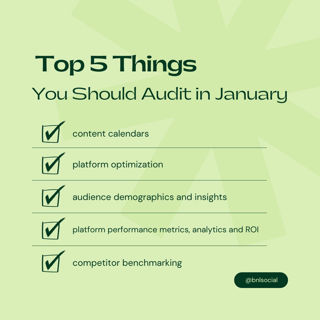 Start the year off strong with a full social media audit! 💪 📝⁠
⁠
Now is the perfect time to reevaluate how your socials performed throughout the year and to make tweaks so that you're continuing forward toward your goals.⁠  ✨⁠
⁠
#bnlsocial #socialmediamanagement